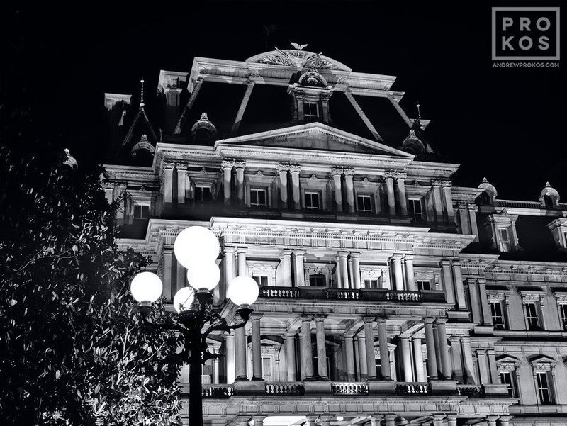 Black and white fine art prints of the Old Executive Office Building at night from the Washington DC photo gallery of framed photography by Andrew Prokos. Captured via film photography. 