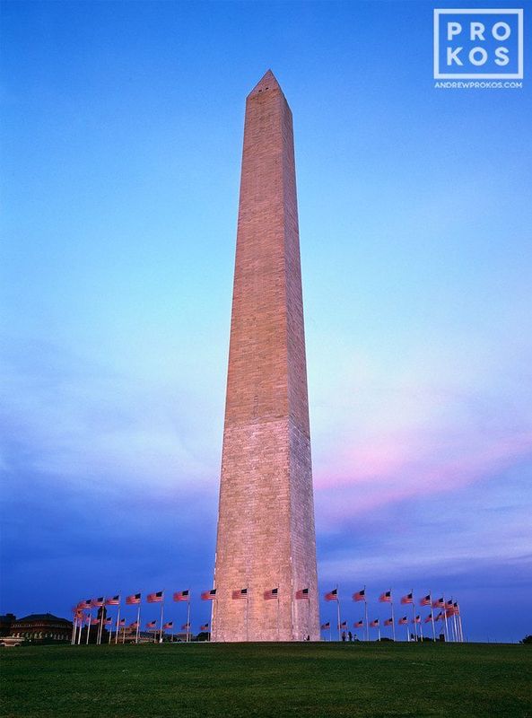 Framed photography and fine art prints of the Washington Monument at dusk in the Washington DC photography archive of fine art photographer Andrew Prokos. Read more about Andrew's photography in his photography articles. 