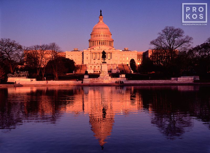 Fine art photography prints of the US Capitol Building at sunset from the Washington DC fine art photography collection of architectural photographer Andrew Prokos. 