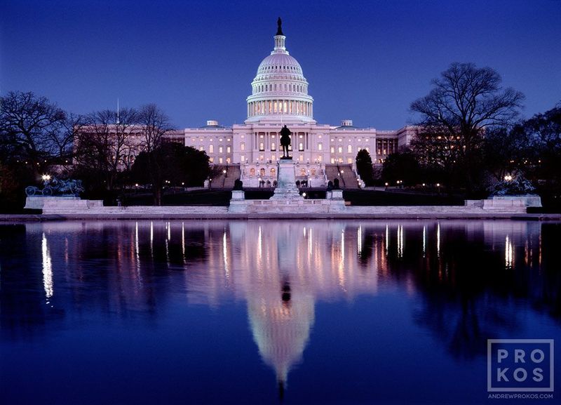 Fine art photography prints of the US Capitol Building at night from the Washington DC framed prints and night photography gallery of Washington DC architecture photographer Andrew Prokos. 