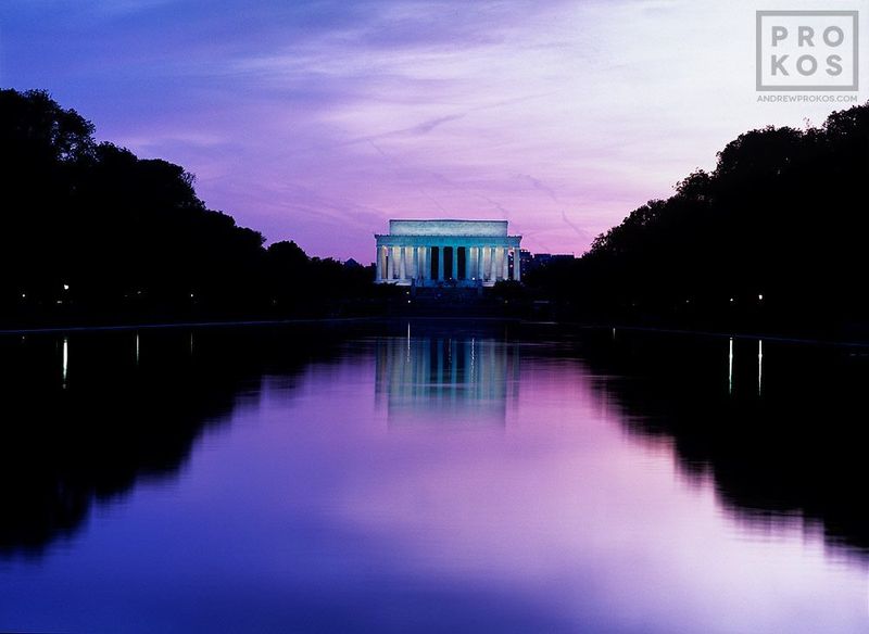Limited edition framed photos of the Lincoln Memorial and reflecting pool seen at night from the Washington DC fine art prints gallery of Washington DC photographer Andrew Prokos. Captured via film photography. 