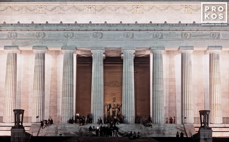 Panoramic fine art photo print of the Lincoln Memorial seen at night from the Washington DC photographs gallery of Washington DC photographer Andrew Prokos. Captured via panoramic film photography. 