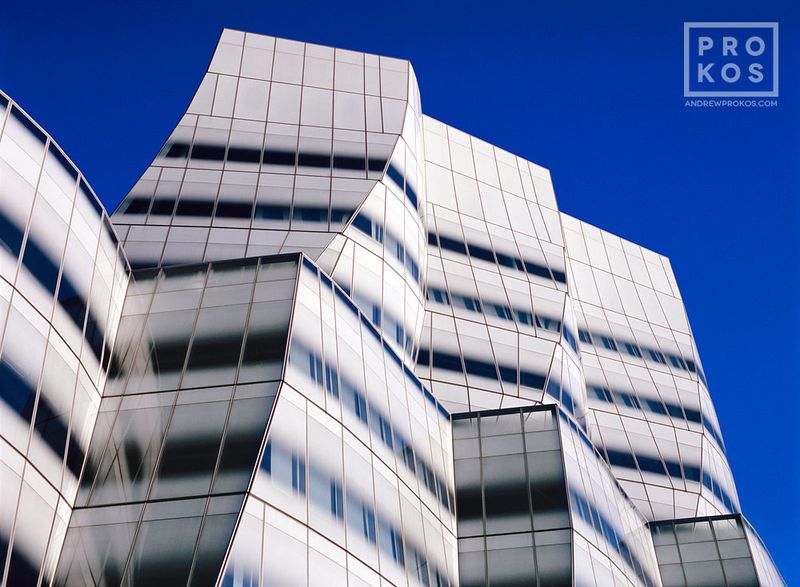 Large-format color fine art photographs and framed prints of NYC architecture, IAC Building Exterior, in the New York City photography gallery of architectural photographer Andrew Prokos. Read more about Andrew's photos in his art photography articles. 