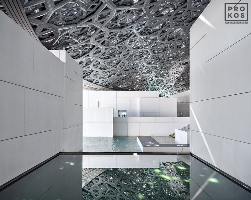 Large-format panoramic color photography and fine art prints of Abu Dhabi architecture, Louvre Abu Dhabi Interior View, in the UAE photography archive of architectural photographer Andrew Prokos. Read more about Andrew's photos in his art photography articles. 
