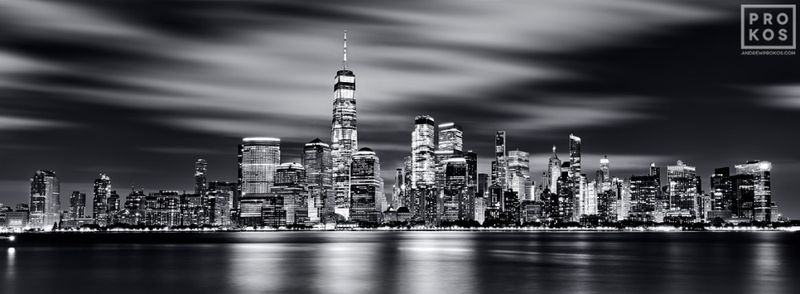 Black and white photographs photo prints framed of the World Trade Center and NYC skyline at night found in the night photography, New York skyline, World Trade Center photos, and New York Cityscape galleries of framed art photography artist Andrew Prokos. You can read more about Andrew's work in his pro photography articles page.