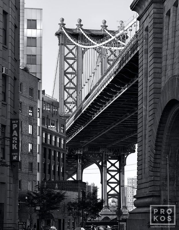 Black & white photographs framed photo prints of the Manhattan bridge in the New York cityscape galleries of fine art photographer Andrew Prokos. You can read more about Andrew's work in his pro photo articles page.