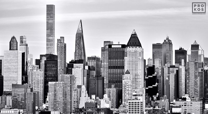 Black & white photos framed prints of a Midtown Manhattan skyscrapers view in the New York cityscape gallery of fine art photo artist Andrew Prokos. You can read more about Andrew's work in his pro photo articles page.