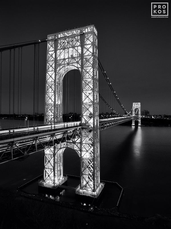 B&W photographs and fine art photo print of the George Washington Bridge view at night found in the night photos, New York skylines, George Washington Bridge photo, and New York Cityscape galleries of framed art photography artist Andrew Prokos. You can read more about Andrew's work in his photography advice articles page.