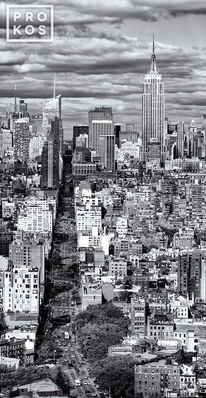 Black & white cityscape and framed photography of the View of Manhattan from Soho found in the panoramic photo, New York cityscape, New York skyline, Empire State Building images galleries of fine art photographs site of artist Andrew Prokos. You can read more about Andrew's work in his pro photography student advice page.