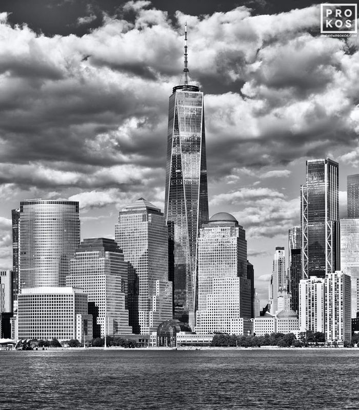 Limited edition black and white photo of the World Trade Center and Lower Manhattan skyline by master New York skylines photographer Andrew Prokos. Composed of multiple black and white images seamlessly merged to create  large-scale framed prints up to 90 inches in height. Artwork ships direct from the artist's NYC fine art photography gallery.