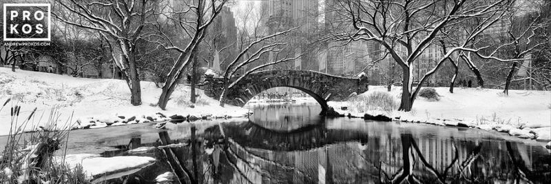 Black and white photograph  of a winter landscape of Gapstow Bridge and the Pond in New York City's Central Park by master fine art photographer Andrew Prokos. Limited edition prints of this photo are available up to 120 inches in width. Ships from the artist's New York fine art photography gallery