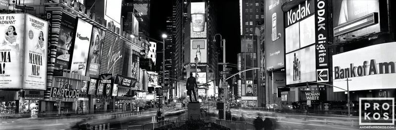 Limited edition black and white photo of Times Square at night by master Times Square NYC fine art photographer Andrew Prokos. Composed of multiple black and white photos taken with long exposure technique, meticulously merged to create large-format photography prints up to 120 inches in width. Please inquire regarding additional print sizes. Artwork ships direct from the artist's NYC art gallery.