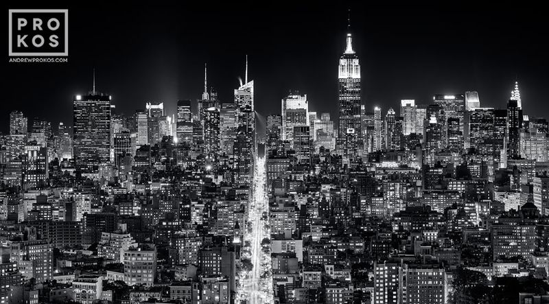 Limited edition black and white cityscape photo of a Manhattan cityscapes, and the Empire State Building, by master black and white skyline photographer Andrew Prokos. Composed of multiple black and white photographs taken with night photography technique, meticulously merged to create large-format photography prints up to 120 inches in width. Please inquire regarding additional print sizes. Artwork ships direct from the artist's New York City art gallery.