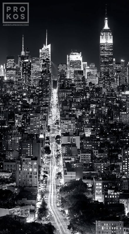 Limited edition black and white cityscape of a Manhattan cityscapes, and the Empire State Building, by master black and white skyline photographer Andrew Prokos. Composed of multiple black and white photos taken with night photos technique, meticulously merged to create large-format photography prints up to 120 inches in width. Please inquire regarding additional print sizes. Artwork ships direct from the artist's New York City art gallery.