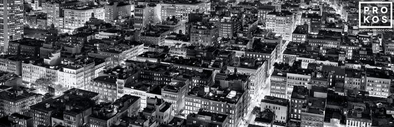 Limited edition black and white photo of SoHo NYC at night by master NYC skylines photographer Andrew Prokos. Composed of multiple black and white fine art images taken with long exposure photo technique, meticulously merged to create large-format photography prints up to 120 inches in width. Please inquire regarding additional print sizes. Artwork ships direct from the artist's NYC photography gallery.