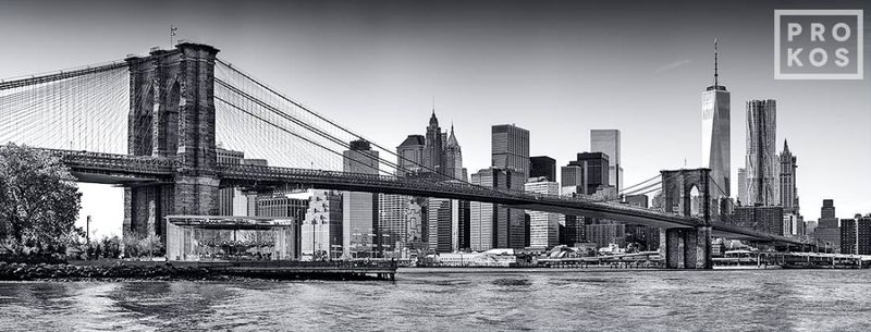 Limited edition black and white panoramic photo of the Brooklyn Bridge and Lower Manhattan skyline by master New York skyline photographer Andrew Prokos. Composed of multiple black and white photos of the Brooklyn Bridge seamlessly merged to create  large-scale framed prints up to 120 inches in width. Please inquire regarding additional print sizes. Artwork ships direct from the artist's NYC photographygallery.