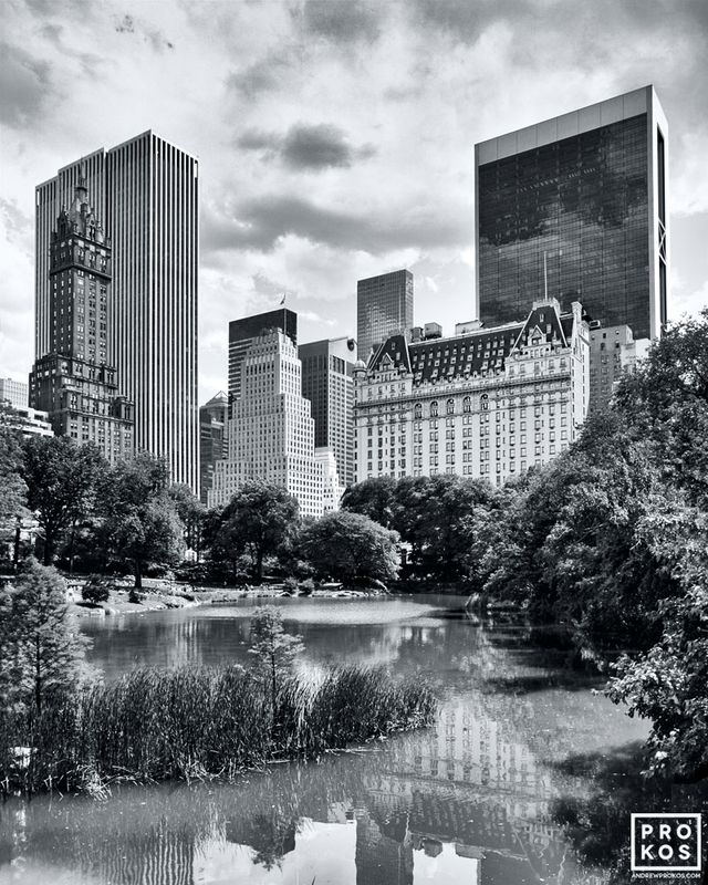 B&W photographs of a black and white landscapes of view of the Plaza Hotel and the Pond in summer in Central Park NYC by master art photographer Andrew Prokos. Limited edition prints of this photo are available up to 60 inches in height. Ships from the artist's New York photo gallery