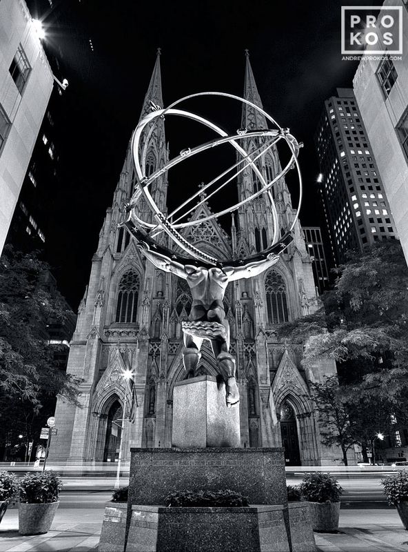 Black and white photographs fine art photo print of the Rockefeller Center Atlas and St. Patrick's Cathedral at night found in the night photos, New York City landmarks, Rockefeller Center galleries of art photography artist Andrew Prokos. You can read more about Andrew's work in his pro photography article page.