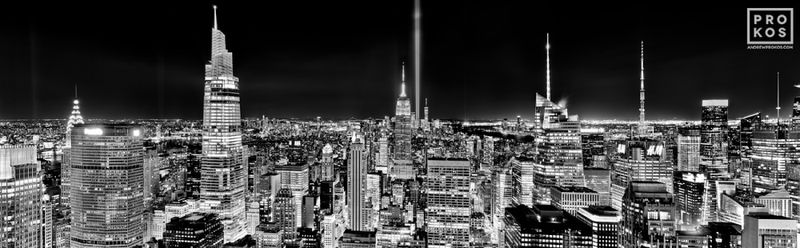 Limited edition black and white photo of a Manhattan cityscape, the Empire State Building from the top of Rockefeller Center, by master black and white skyline photographer Andrew Prokos. Composed of multiple black and white photographs taken with night photography technique, meticulously merged to create large-format photography prints up to 120 inches in width. Please inquire regarding additional print sizes. Artwork ships direct from the artist's New York City art gallery.