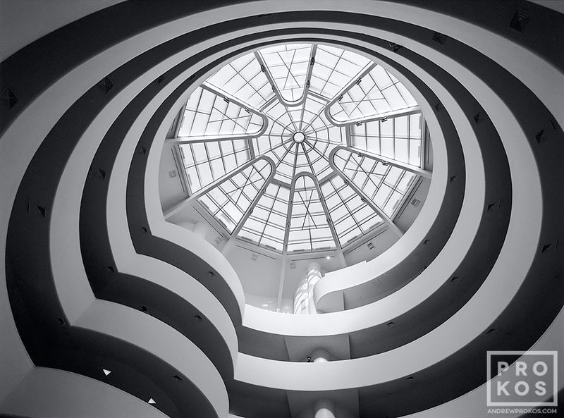 Limited edition black and white photograph of the Guggenheim Museum photos entitled 'Guggenheim Museum interior IV' by master architectural photographs artist Andrew Prokos. Framed fine art prints of this photo are available up to 60 inches in height. Artwork ships direct from the artist's New York photos gallery.