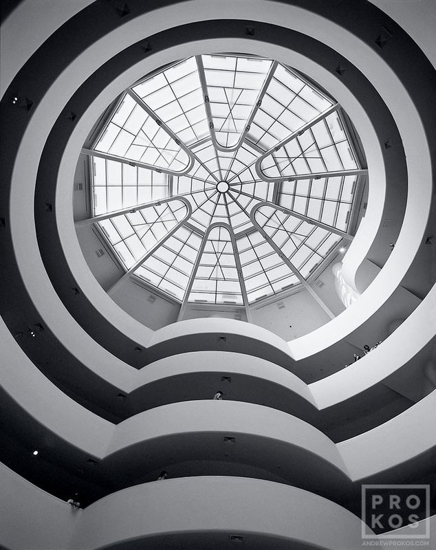 Limited edition black and white photograph of the Guggenheim Museum interior by master architectural photographer Andrew Prokos. Framed fine art prints of this photo are available up to 60 inches in height. Artwork ships direct from the artist's New York fine art photography gallery.