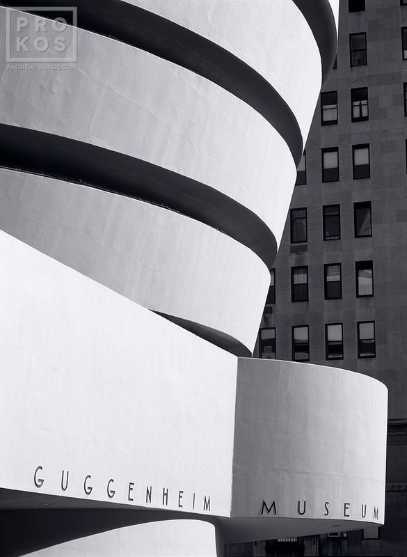 Limited edition black and white photograph of the Guggenheim Museum photos entitled 'Guggenheim Museum Exterior II' by master architectural photographs artist Andrew Prokos. Framed art prints of this photo are available up to 60 inches in height. Artwork ships direct from the artist's New York photos gallery.