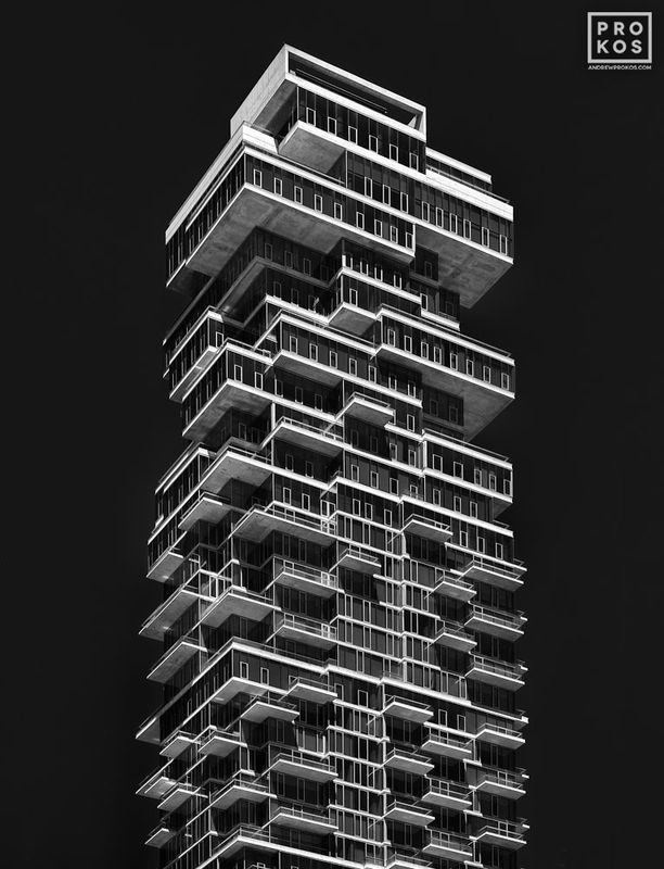 Black and white photograph of the striking contemporary architecture 56 Leonard Street in New York City by architectural photographer Andrew Prokos. Framed photographs and large-format fine art prints are available in sizes up to 80 inches in height. Photos ship direct from the artist's New York photography gallery in Tribeca.