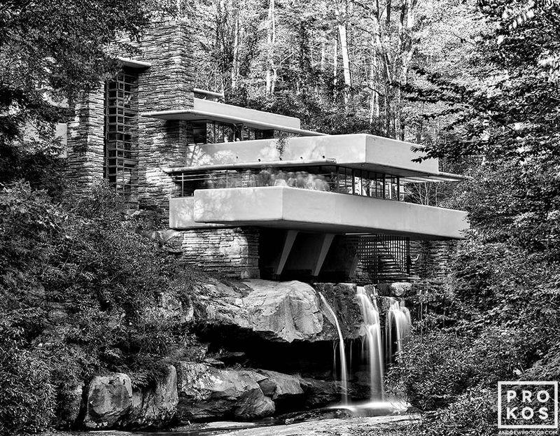 Fine art photography prints of a long-exposure view of the historic Fallingwater residence, from Prokos's award-winning black and white architectural photography collection. Employing an eight minute exposure time, the photo captures the flow of visitors in the home and the flow of the waterfall in a serene scene. Black and white fine art prints of this photo are available up to 72 inches in width. Artwork ships direct from the artist's NYC photography
gallery.