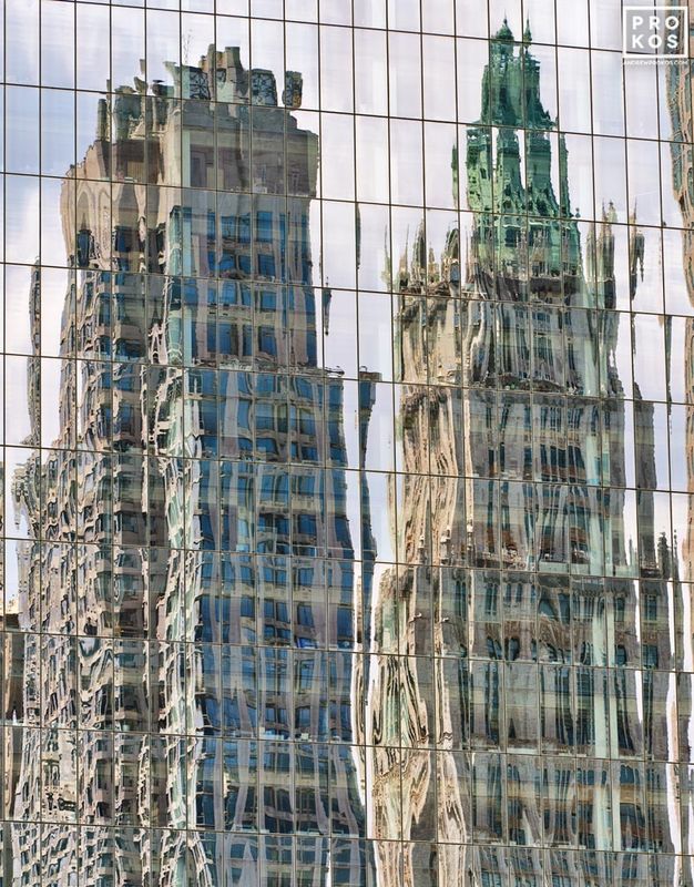 Fine art photography of  the towers of Lower Manhattan reflected on the glass facade of One World Trade Center  from the award-winning architectural photography collection of fine art photographer Andrew Prokos. Limited edition prints are available in fine art print sizes up to 80 inches in height. Photos ship direct from the artist's New York City photography gallery.