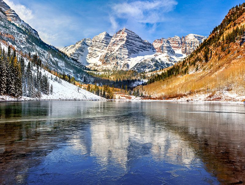 Fine art landscape photograph of Maroon Bells in Winter in  Colorado  from the Western landscapes photo collection by master fine art photographer Andrew Prokos.  Limited edition  large format photographs  are available up to 72 inches in width. Ships from the artist's New York fine art photography gallery.