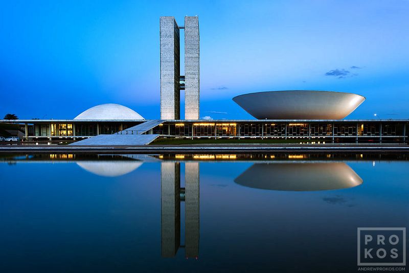Limited edition photograph of the National Congress of Brazil at dusk  from architectural photographer Andrew Prokos's collection of award-winning photographs of Brasilia and night photographs. Framed fine art prints available up to 50 inches in height. Prints ship directly from the artist's New York City photography gallery.