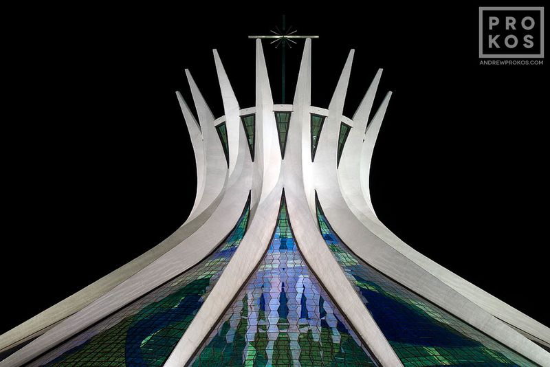 Limited edition photograph of Brasilia Cathedral at night from architectural photographer Andrew Prokos's collection of award-winning photography of Brasilia, Brazil and Oscar Niemeyer architecture. Framed fine art prints available up to 50 inches in width. Prints ship directly from the artist's New York City photography gallery.
