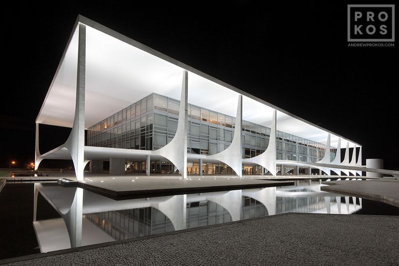 Limited edition photograph of the Planalto Palace from architectural photographer Andrew Prokos's collection of photography of Brasilia at night. Framed fine art prints available up to 50 inches in height. Prints ship directly from the artist's New York City photo gallery.