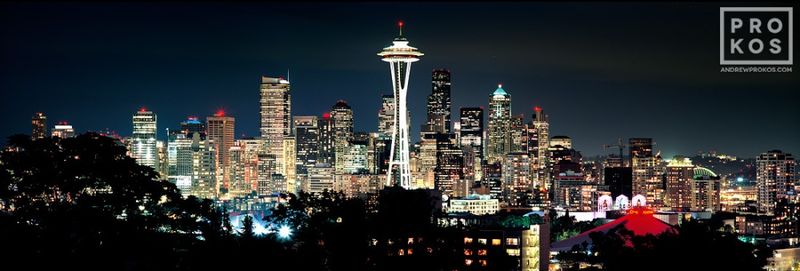 High-definition framed art prints of a Seattle night skyline from the cityscapes prints, night photography, Seattle photography, and panoramic images galleries of fine art photography artist Andrew Prokos. You can read more about Andrew's work in his photography advice articles

