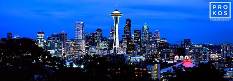 High-definition fine art prints of a Seattle panoramic skyline at dusk from the cityscape prints, night photography, Seattle, Washington photos, and panoramic art photographs galleries of fine art photographer 
 Andrew Prokos. You can read more about Andrew's work in his photography articles

