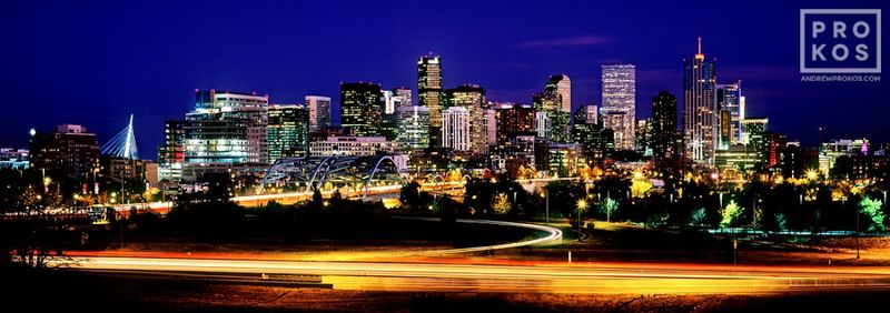 High-definition fine art print of the Denver panoramic skyline at dusk from the cityscapes, night photography, Denver, Colorado, and panoramic prints galleries of fine art photographer 
 Andrew Prokos. You can read more about Andrew's work in his photography articles


