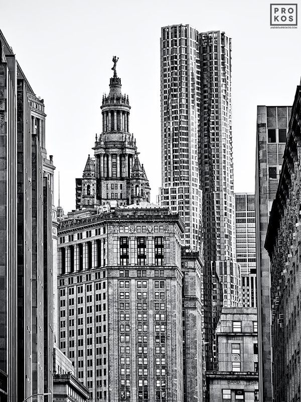 Black and white photograph of an architectural view of Tribeca, New York City by architectural photographer Andrew Prokos. Framed photographs / large-format fine art prints are available in sizes up to 80 inches in height. Photos ship direct from the artist's New York photography gallery.