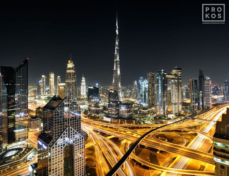 Night photography of a high-definition Dubai skyline by master fine art photographer Andrew Prokos. This large-format photo is composed of multiple long-exposure images meticulously merged to create large-format prints available up to 90 inches in width. Please inquire regarding additional print sizes. Andrew's fine art photography of Dubai and the United Arab Emirates has won numerous international awards and has been widely published. Artwork ships direct from the artist's New York photography gallery.