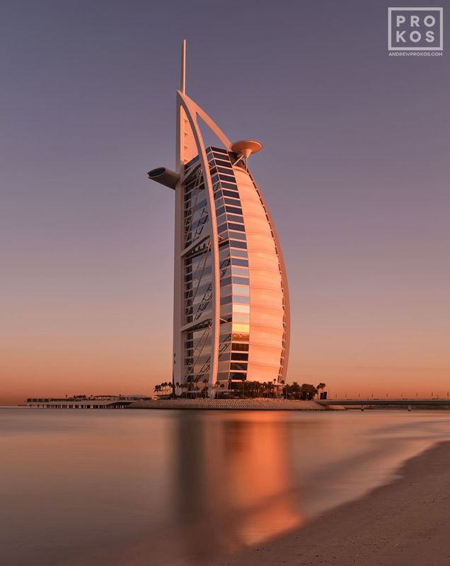 Framed photography of the Burj al Arab at dawn by master fine art photographer Andrew Prokos. The photo was captured using a four minute long-exposure at dawn, which imbues the photos with a soft, surreal feeling. Large-format prints are available in sizes up to 80 inches in width. Andrew's fine art photography of Dubai and the United Arab Emirates has won numerous international awards and has been widely published. Artwork ships direct from the artist's New York fine art photography gallery.