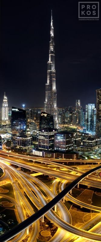 Night photography of the Burj Khalifa and Dubai skyline by master cityscape photographer Andrew Prokos. This large-format photo is composed of multiple long-exposure images meticulously merged to create large-format prints available up to 90 inches in height. Please inquire regarding additional print sizes. Andrew's fine art photography of Dubai and the United Arab Emirates has won numerous international awards and has been widely published. Artwork ships direct from the artist's New York fine art photography gallery.
