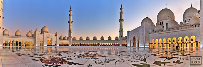 Framed photography of a panoramic view of Sheikh Zayed Grand Mosque at dusk by master fine art photographer Andrew Prokos. This large-scale photo is composed of multiple high-definition architectural images merged to create large-format prints available up to 120 inches in width. Please inquire regarding additional print sizes. Andrew's fine art photography of Abu Dhabi and the United Arab Emirates has won numerous international awards and has been widely published. Artwork ships direct from the artist's New York fine art photography gallery.


see photo at Artspace