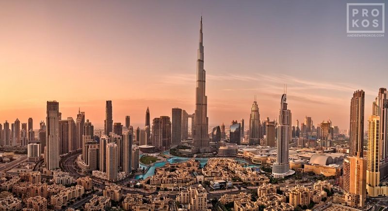 Framed photographs of the Dubai cityscape at sunset by master fine art photographer Andrew Prokos. This ultra high-definition photo is composed of multiple long-exposure images merged to create large-format prints available up to 120 inches in width. Please inquire regarding additional print sizes. Andrew's fine art photography of Dubai and the United Arab Emirates has won numerous international awards and has been widely published. Artwork ships direct from the artist's New York fine art photography gallery.