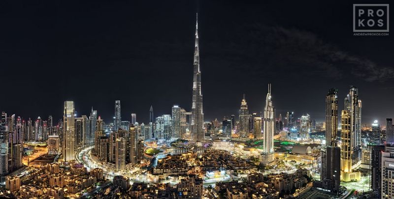 Night photography of a high-definition Dubai cityscape by master fine art photographer Andrew Prokos. This large-format photo is composed of multiple long-exposure images meticulously merged to create large-format prints available up to 120 inches in width. Please inquire regarding additional print sizes. Andrew's fine art photography of Dubai and the United Arab Emirates has won numerous international awards and has been widely published. Artwork ships direct from the artist's New York fine art photography gallery.