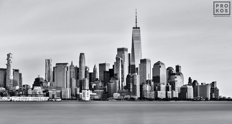 Fine art photography of the Lower Manhattan skyline and World Trade Center by master photographer Andrew Prokos. This high-definition fine art photograph is composed of multiple long-exposure images meticulously merged to create large-scale prints. Limited edition prints of this photo are available up to 72 inches in width. Artwork ships direct from the artist's  New York photography gallery.