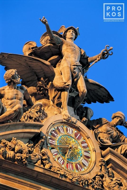 Limited edition  architectural photography prints of the Mercury clock statue at New York's Grand Central Terminal by award-winning architectural and  NYC fine art photographer  Andrew Prokos.  Framed fine art prints of this photo are available up to 50 inches in height. Artwork ships direct from the artist's NYC photo gallery, DC gallery, Dubai gallery, or London gallery.