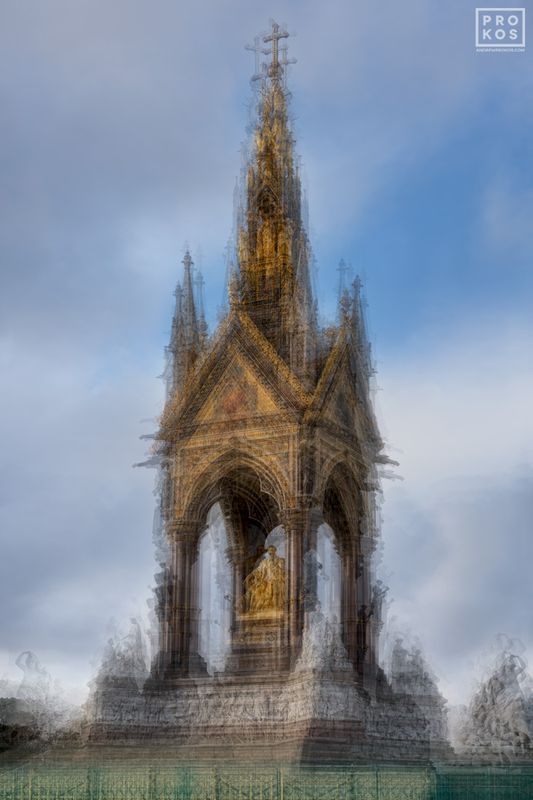 Limited edition fine art photography capturing a multiple-exposure architectural view of the Albert Memorial in the heart of London, UK, from Prokos's latest conceptual photography series Multiplicity. To achieve the composition, Prokos photographs each location multiple times, shifting the perspective slightly with each exposure. The multiple exposures are then layered to achieve a multifaceted composition. The result is an image that expresses both the spatial and temporal elements of the scene in one photograph. 

Large-scale framed photographs are available in sizes up to 80 inches. Prokos's fine art prints have won numerous international awards and have been widely published in Elle Decor, Wired Magazine, Harper's Bazaar, Vogue Casa, CNN, and many others. Photos ship direct from the artist's New York art gallery or from our framer in London, UK.