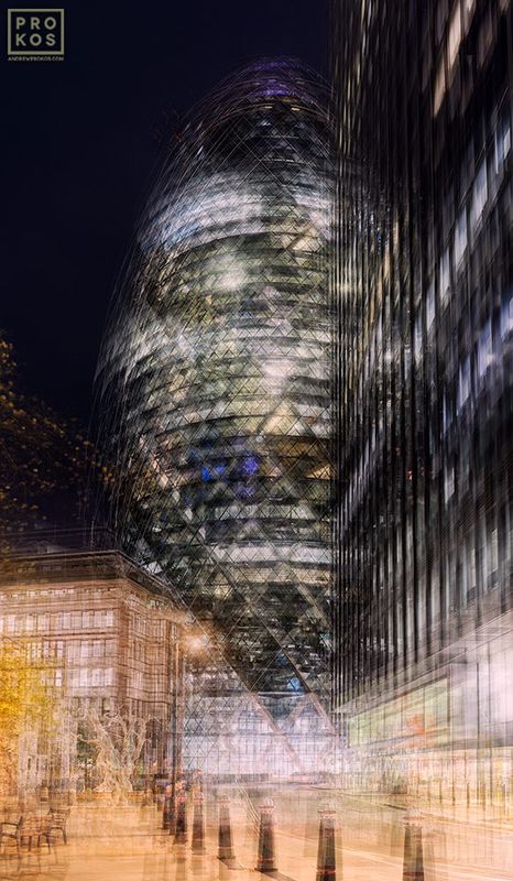 Limited edition fine art photography prints capturing multiple-exposure views of London's Gherkin seen at night, from Prokos's latest conceptual photography series 'Multiplicity'. To achieve the composition, Prokos photographs each location multiple times, shifting the perspective slightly with each exposure. The multiple exposures are then layered to achieve a multifaceted composition. The result is an image that expresses both the spatial and temporal elements of the scene in one photograph.  

Large format large format prints are available in sizes up to 96 inches. Prokos's limited edition prints have won numerous international awards and have been widely published in Elle Decor, Wired Magazine, Harper's Bazaar, Vogue Casa, CNN, and many others. Photos ship direct from the artist's New York City gallery or London photo gallery. 