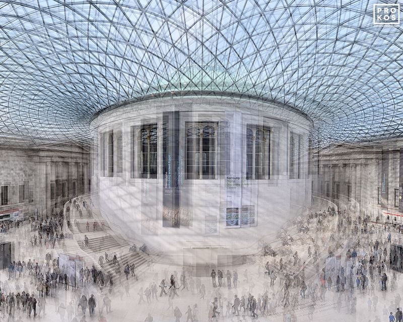 Limited edition multiple-exposure photography capturing the architectural interior of the British Museum in London, from Prokos's latest series Multiplicity. To achieve the composition, Prokos photographs each location multiple times, shifting the perspective slightly with each exposure. The multiple exposures are then layered to achieve a multifaceted composition. The result is an image that expresses both the spatial and temporal elements of the scene in one photograph. 

 Large-format framed photography available in print sizes up to 80 inches in width. Prokos's fine art prints have won numerous international awards and have been widely published in Elle Decor, Wired Magazine, Harper's Bazaar, Vogue Casa, CNN, and many others. Photos ship direct from the artist's New York City studio or from our framer in London, UK.