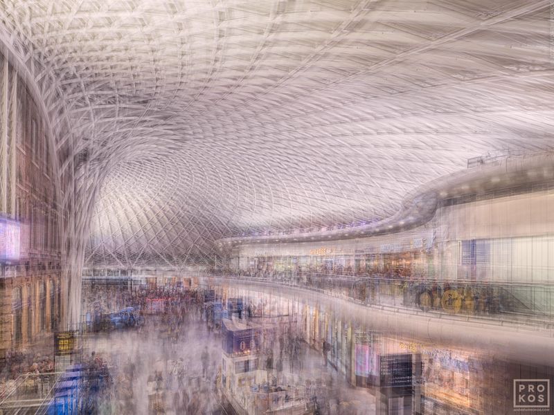 Limited edition multiple-exposure photography capturing the architectural interior of King's Cross station in the heart of London, from Prokos's latest conceptual series Multiplicity. To achieve the composition, Prokos photographs each location multiple times, shifting the perspective slightly with each exposure. The multiple exposures are then layered to achieve a multifaceted composition. The result is an image that expresses both the spatial and temporal elements of the scene in one photograph. 

 Large-format framed photographs are available in print sizes up to 80 inches. Prokos's fine art photography prints have won numerous international awards and have been widely published in Elle Decor, Wired Magazine, Harper's Bazaar, Vogue Casa, CNN, and many others. Photos ship direct from the artist's New York City gallery or from our framer in London, UK.