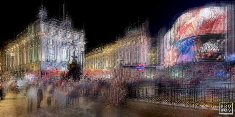 Limited edition art photography capturing multiple-exposure images of London's Piccadilly Circus at night,from Prokos's latest conceptual photography series 'Multiplicity'. To achieve the composition, Prokos photographs each location multiple times, shifting the perspective slightly with each exposure. The multiple exposures are then layered to achieve a multifaceted composition. The result is an image that expresses both the spatial and temporal elements of the scene in one photograph.  

Large format large format prints are available in sizes up to 120 inches. Prokos's limited edition prints have won numerous international awards and have been widely published in Elle Decor, Wired Magazine, Harper's Bazaar, Vogue Casa, CNN, and many others. Photos ship direct from the artist's New York City studio or from our London photography gallery. 